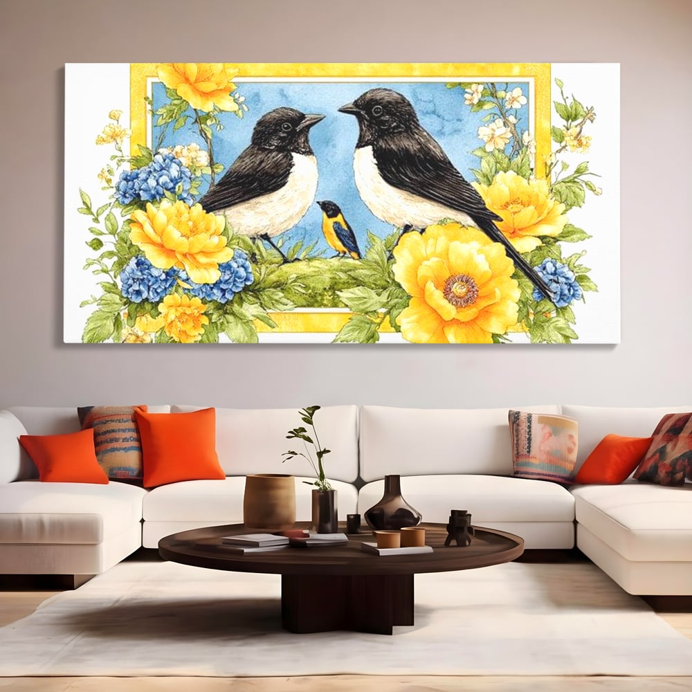 Tablou canvas cu tablou canvas cu pasari si flori, fara rama, pe sasiu de lemn, pe perete intr-un living